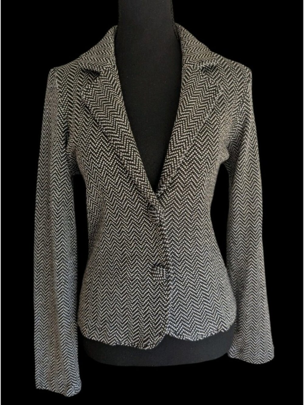 Worthington Y2K Black White Herringbone Knit Blazer Gold Thread Stretch Sz M